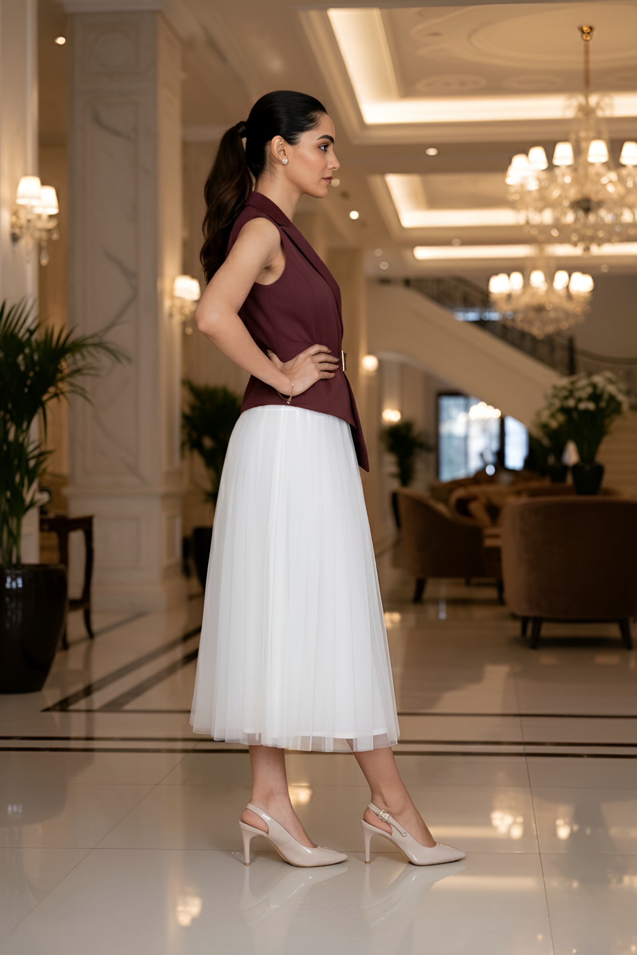 Ivory Skirt & Wine Waist coat – Classic Contrast